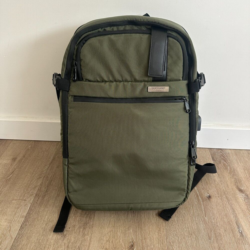 Duchamp London Olive Green Travel Backpack USB Port Clamshell Laptop Carry On